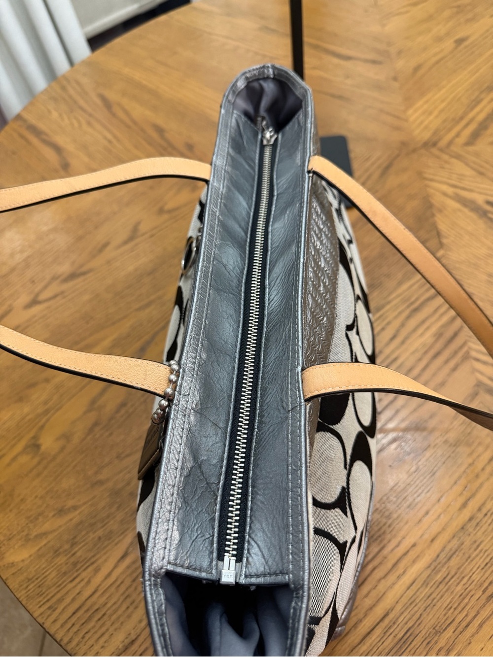 COACH Poppy Metallic Silver Quilted Leather and Black C Logo Canvas - Picture 11 of 14